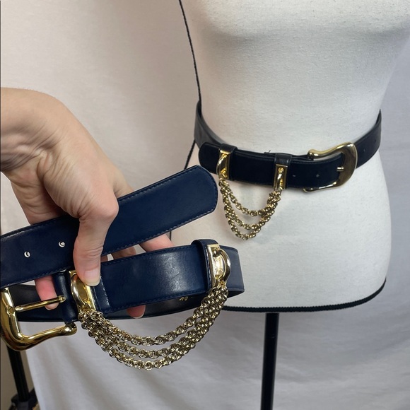 Blue leather vintage chain gold belt Vintage leather